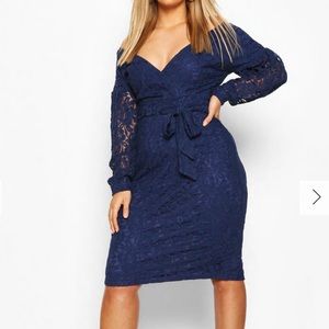 BOOHOO PLUS LACE OFF THE SHOULDER MIDI DRESS